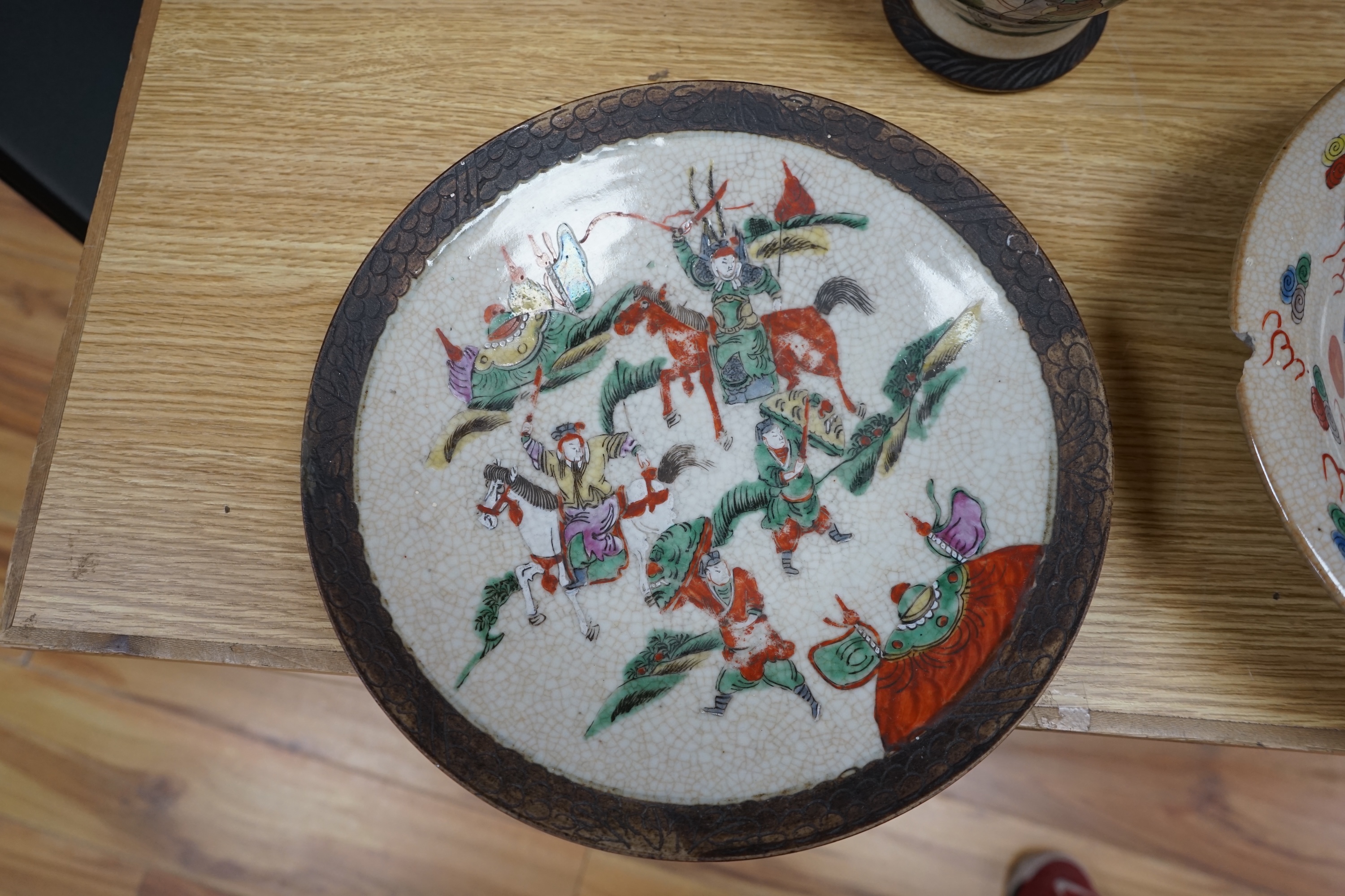 A Chinese crackle glaze bowl, vase and cover and a dish, early 20th century, largest piece 28cm diameter. Condition- fair